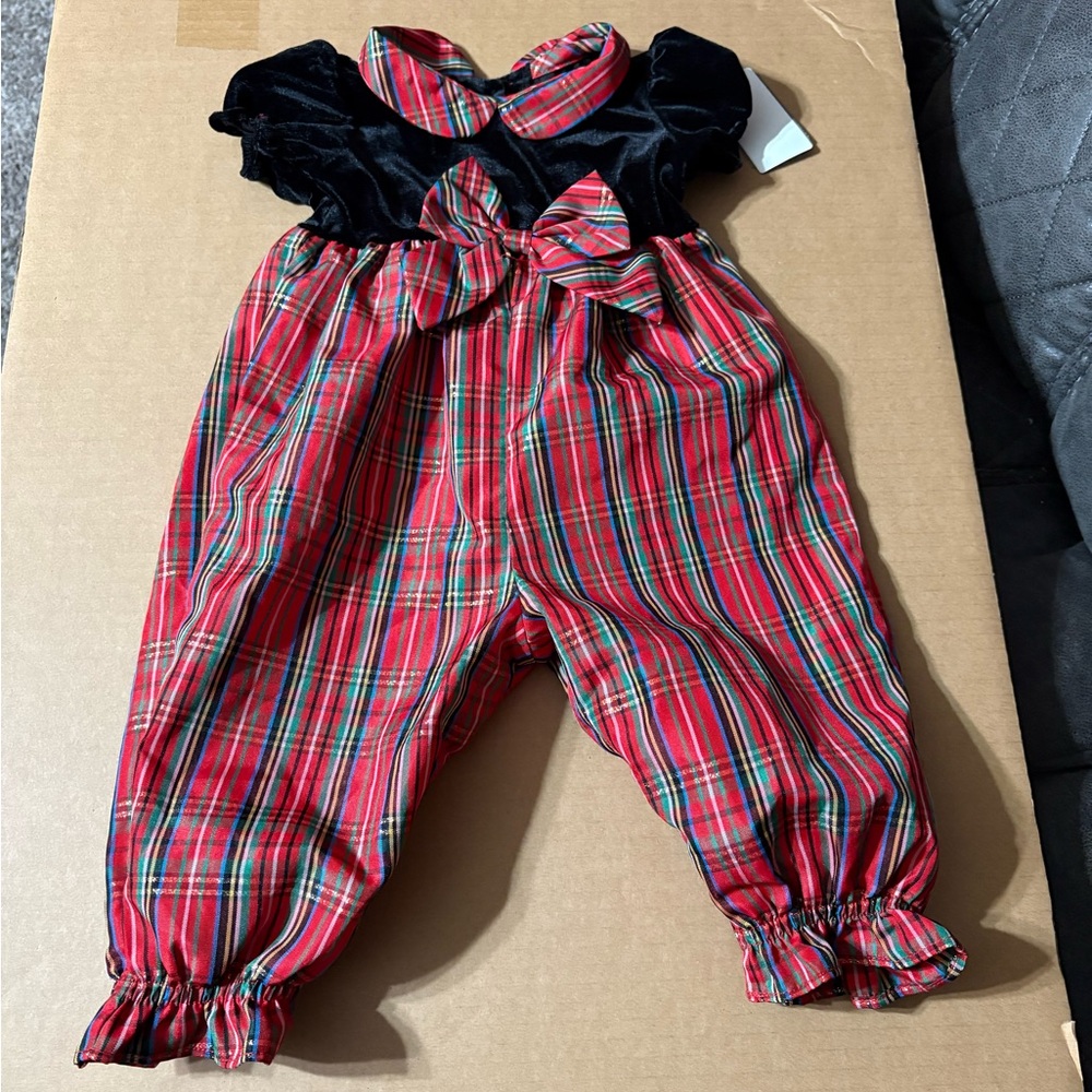 Good Lad‎ Girls Baby Christmas Romper 9 Month black velvet red plaid holiday NWT